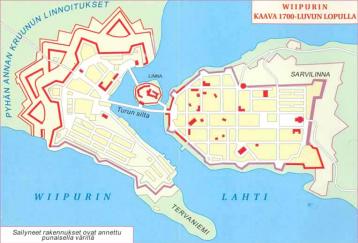 Plan of  fortifications of Vyborg  Town. The 18th cent. Preserved parts of  fortifications are marked with red color