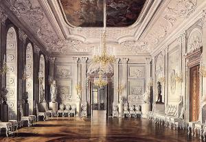 Гатчинский дворец. Белый зал.  Акварель Э. Гау. 1880