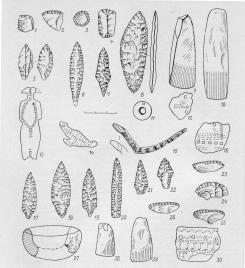 Working tools, ceramics and art objects dated from     the  Neolithic period of the Leningrad Oblast. 1-10 - tools made from stone and  slate  ; 11, 13 - 15 - 5 – decorations and art objects; 12, 16 – images of ducks on the clay vessels