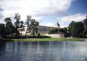 Gatchina Palace. View of the Arsenal building from the Karpin Pond