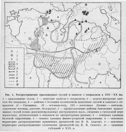 Распространение крыловидных гуслей и кантеле с открылком XIX-XX вв. Карта-схема